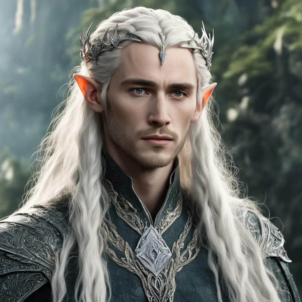 tolkien king thranduil with blonde hair and braids wearing silver serpentine sindarin elvish circlet encrusted with diamonds with large center diamond  good looking trending fantastic 1