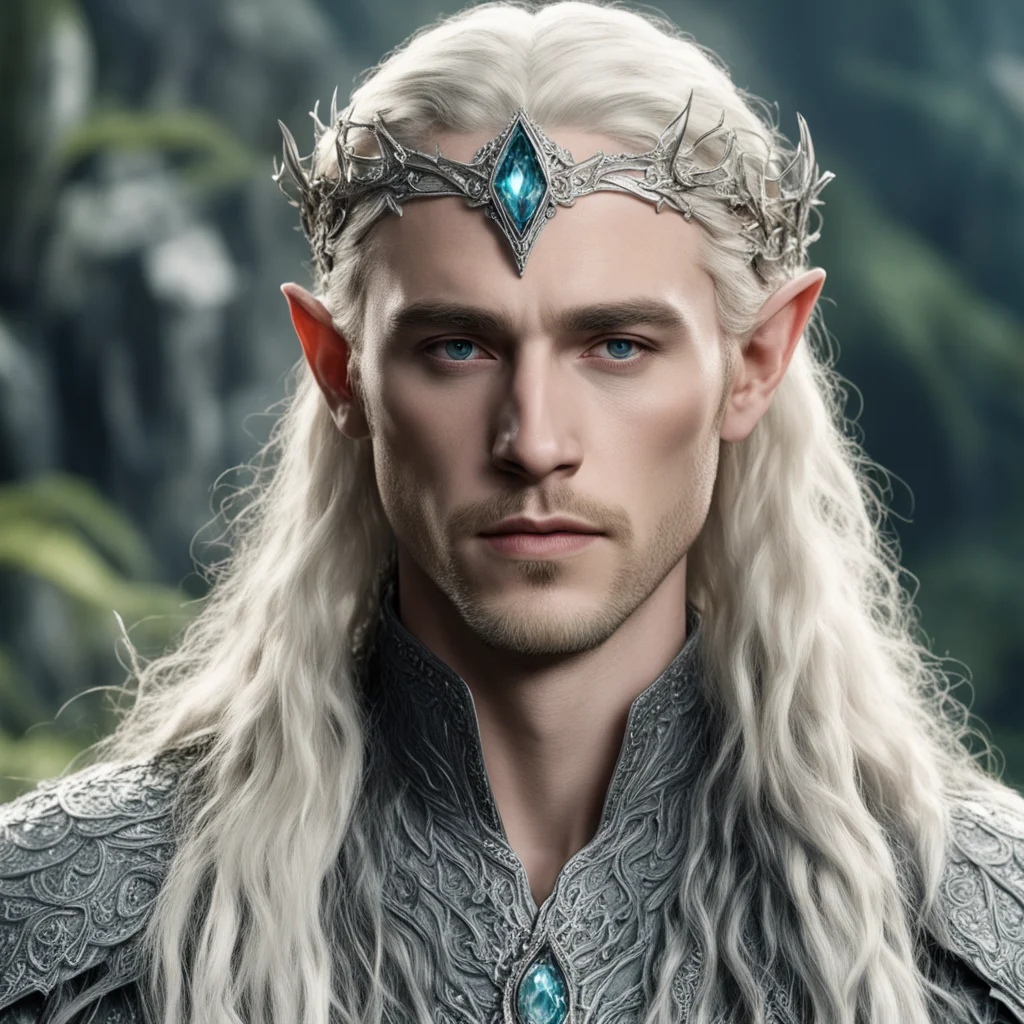 tolkien king thranduil with blonde hair and braids wearing silver serpentine sindarin elvish circlet encrusted with diamonds with large center diamond amazing awesome portrait 2