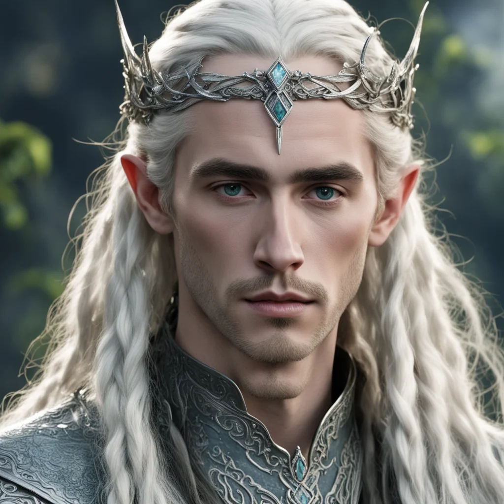 tolkien king thranduil with blonde hair and braids wearing silver serpentine sindarin elvish circlet encrusted with diamonds with large center diamond confident engaging wow artstation art 3