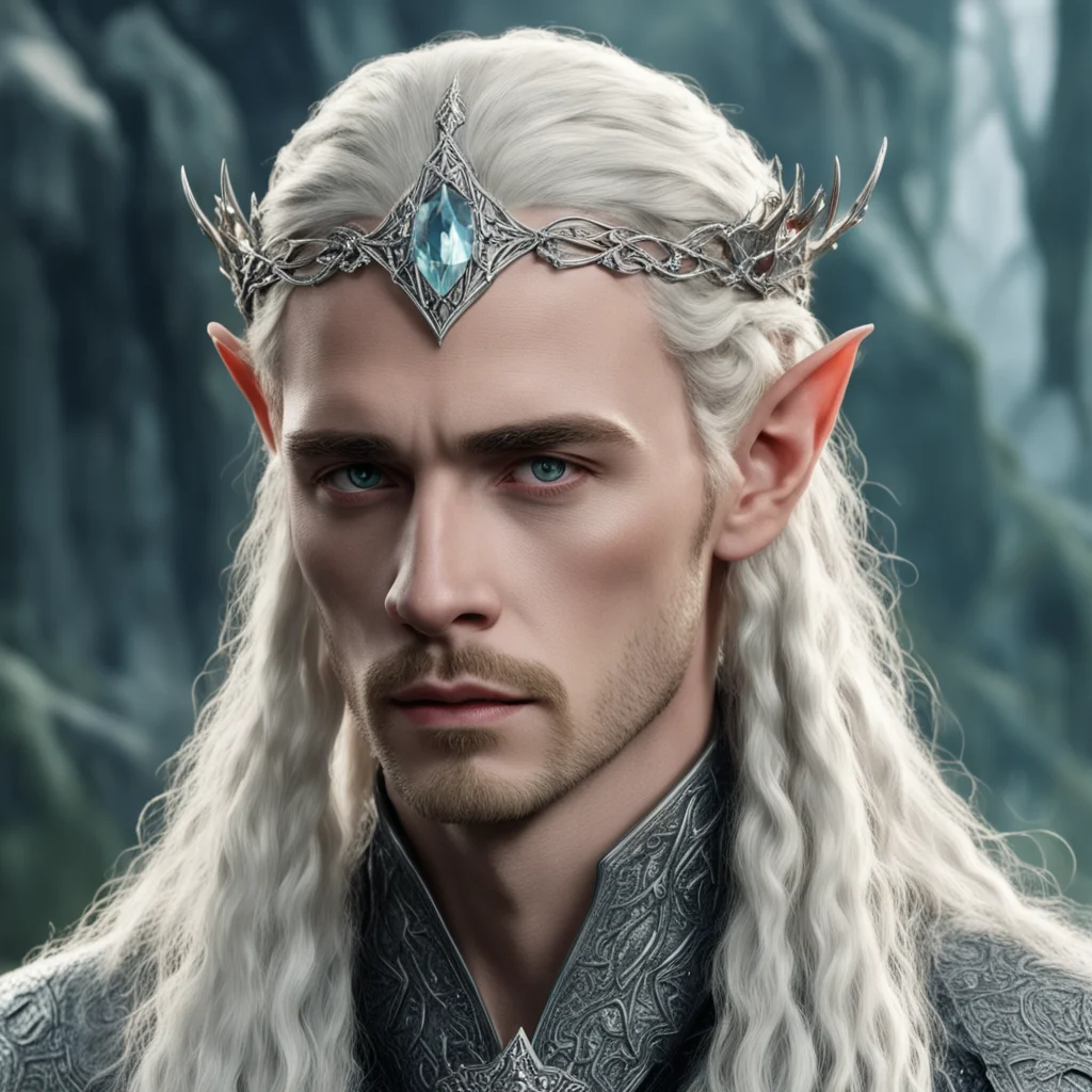 tolkien king thranduil with blonde hair and braids wearing silver serpentine sindarin elvish circlet encrusted with diamonds with large center diamond good looking trending fantastic 1