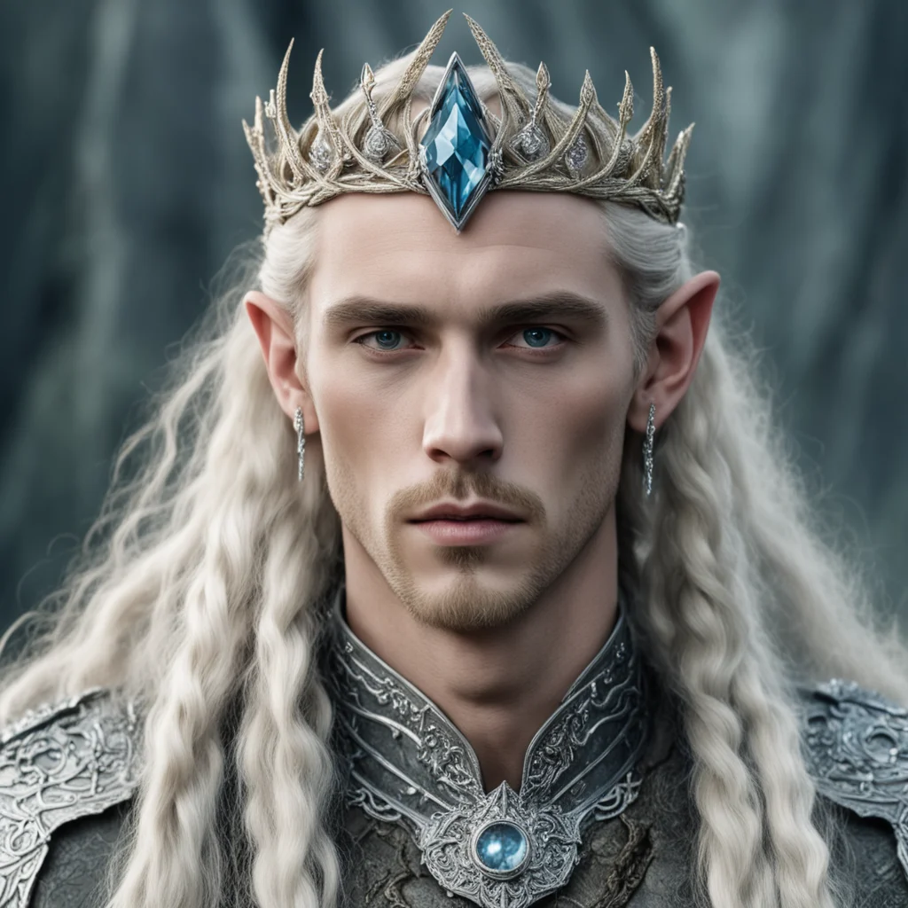 tolkien king thranduil with blonde hair and braids wearing silver serpentine sindarin elvish coronet encrusted with diamonds with large center diamond amazing awesome portrait 2