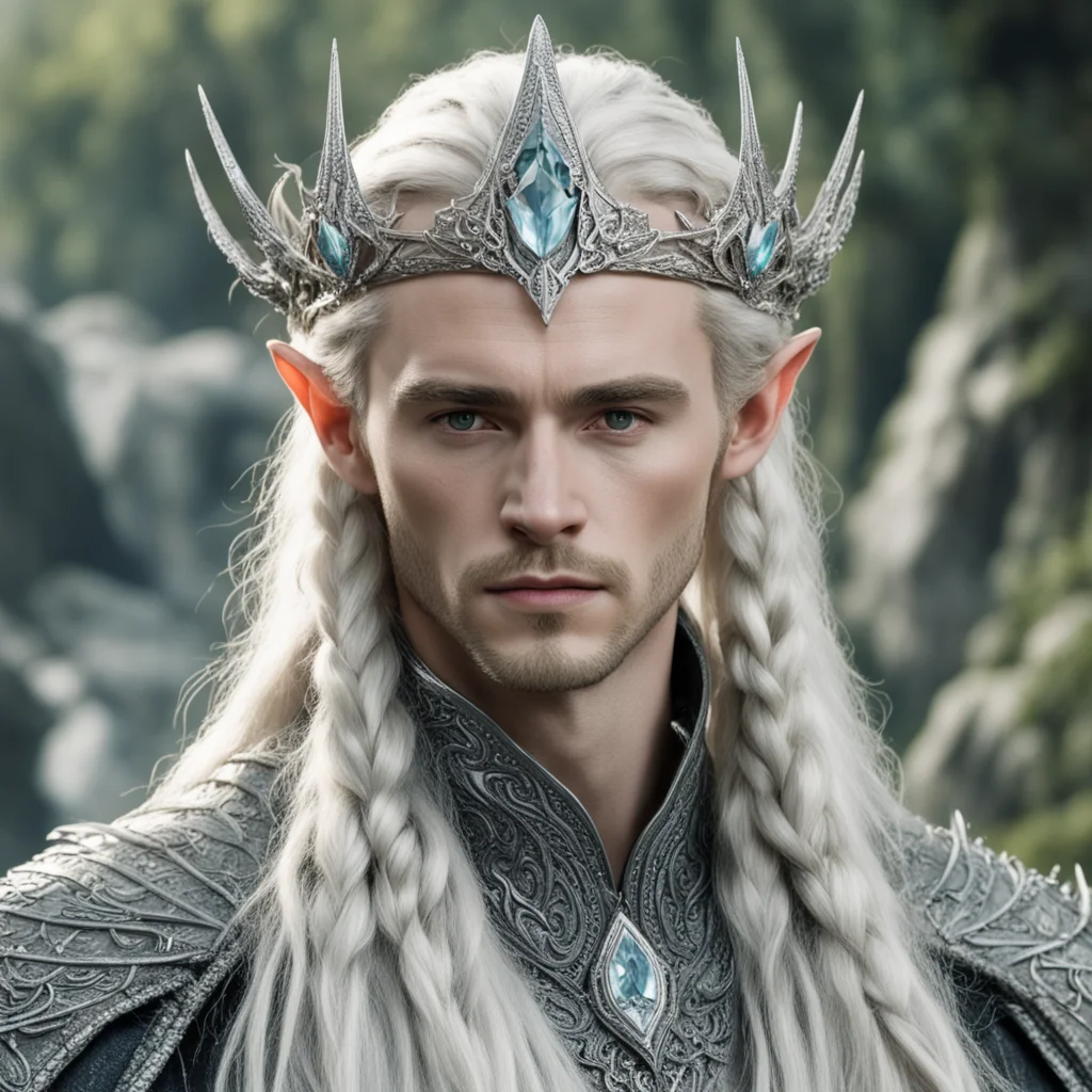 tolkien king thranduil with blonde hair and braids wearing silver serpentine sindarin elvish coronet encrusted with diamonds with large center diamond confident engaging wow artstation art 3