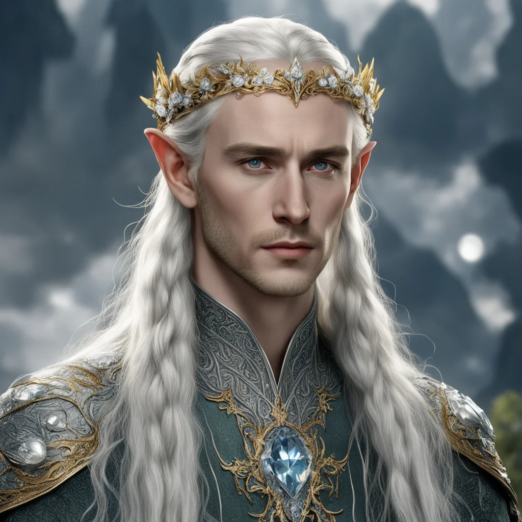 tolkien king thranduil with golden hair and braids wearing flowers of silver encrusted with diamonds connected to small silver elvish circlet with large center diamond 