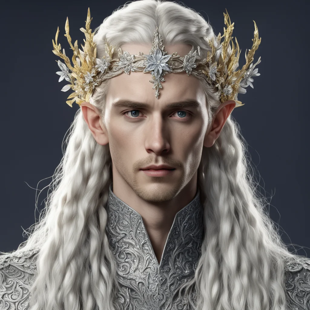 tolkien king thranduil with golden hair and braids wearing silvery flowers encrusted with diamonds in the shape of silver elvish circlet with large center diamond 