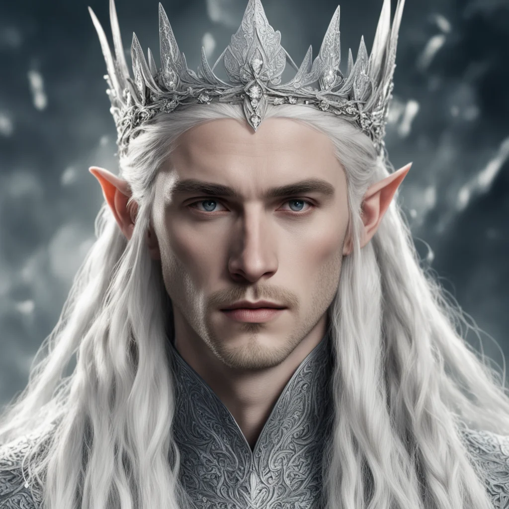tolkien king thranduil with platinum blonde hair and braids wearing silver flowers encrusted with diamonds forming a silver elvish crown with large center diamond 
