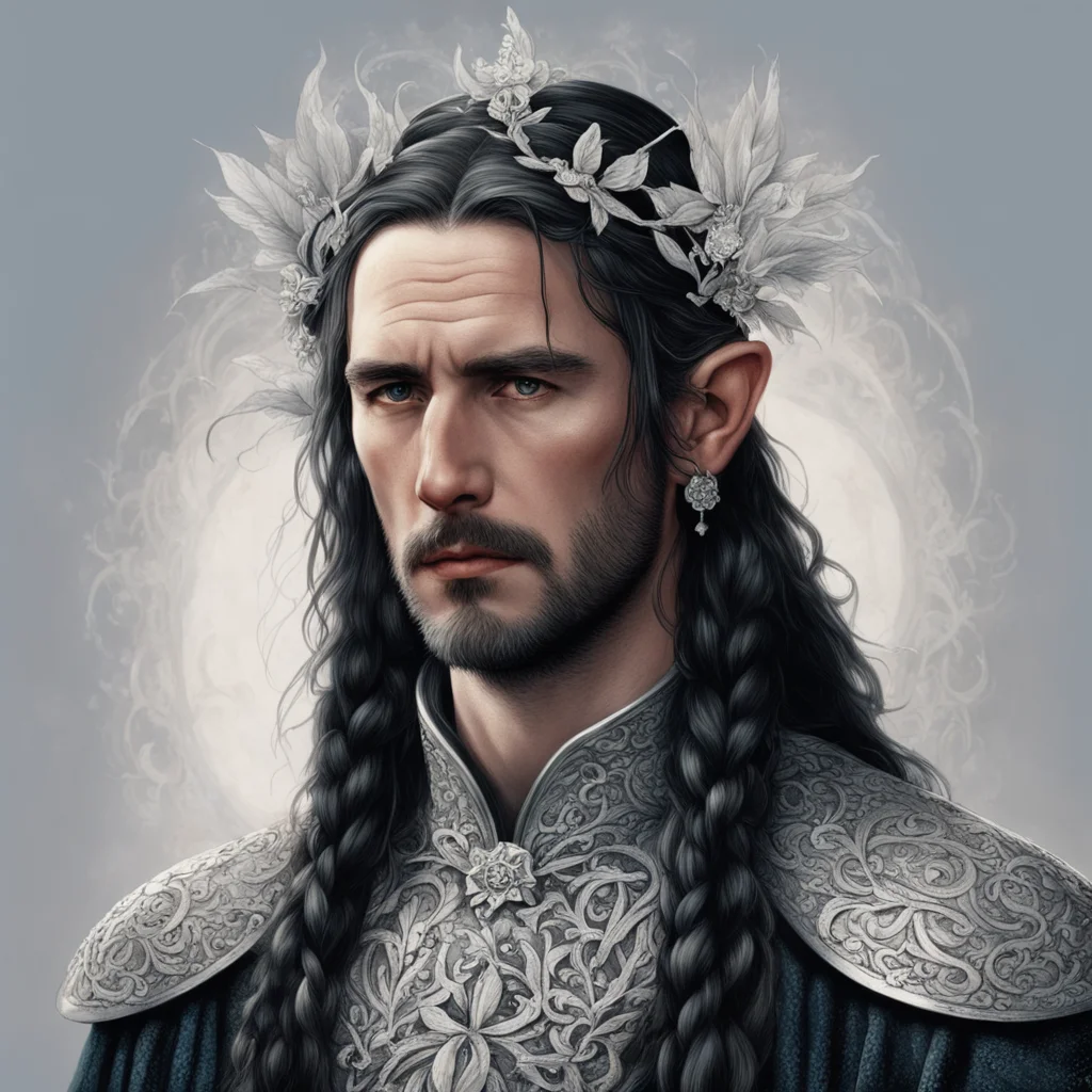 tolkien king turgon with dark hair and braids wearing silver diamond flowers to form a silver elvish circlet with large center flower diamond  amazing awesome portrait 2