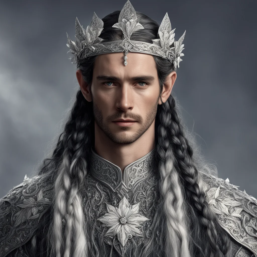 tolkien king turgon with dark hair and braids wearing silver diamond flowers to form a silver elvish circlet with large center flower diamond  good looking trending fantastic 1