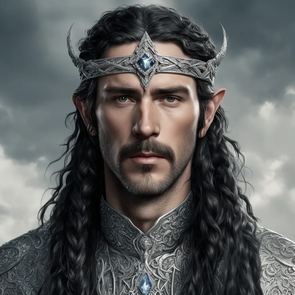 tolkien king turgon with dark hair and braids wearing silver serpentine elvish circlet encrusted with diamonds with large center diamond  amazing awesome portrait 2