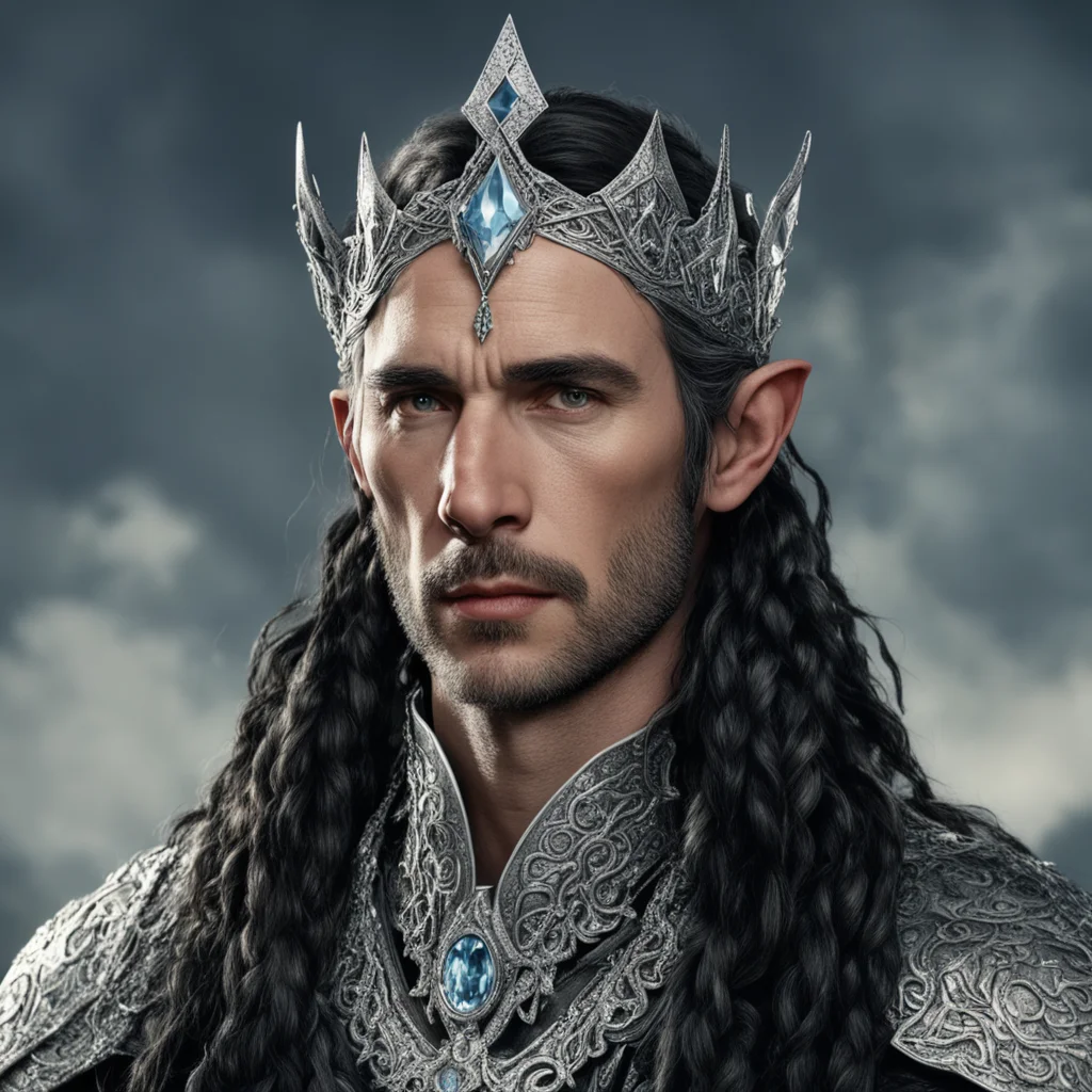 tolkien king turgon with dark hair and braids wearing silver serpentine elvish circlet encrusted with diamonds with large center diamond  good looking trending fantastic 1