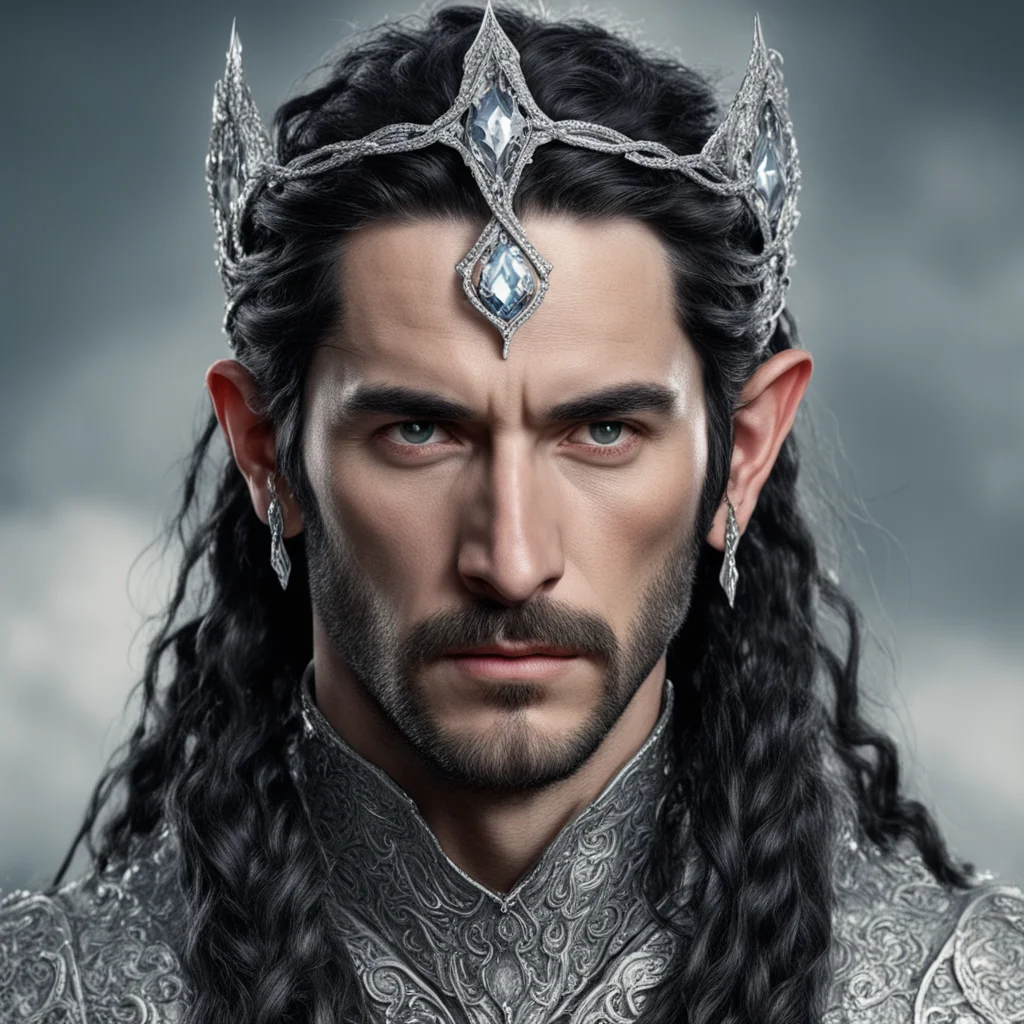 tolkien king turgon with dark hair and braids wearing silver serpentine noldorin elvish circlet encrusted with diamonds with large center diamond amazing awesome portrait 2