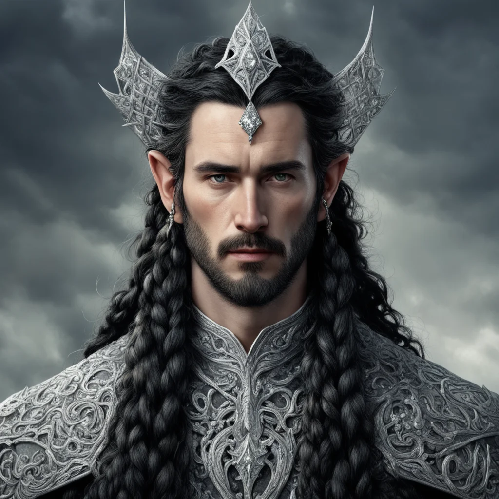 tolkien king turgon with dark hair and braids wearing silver serpentine noldorin elvish circlet encrusted with diamonds with large center diamond confident engaging wow artstation art 3