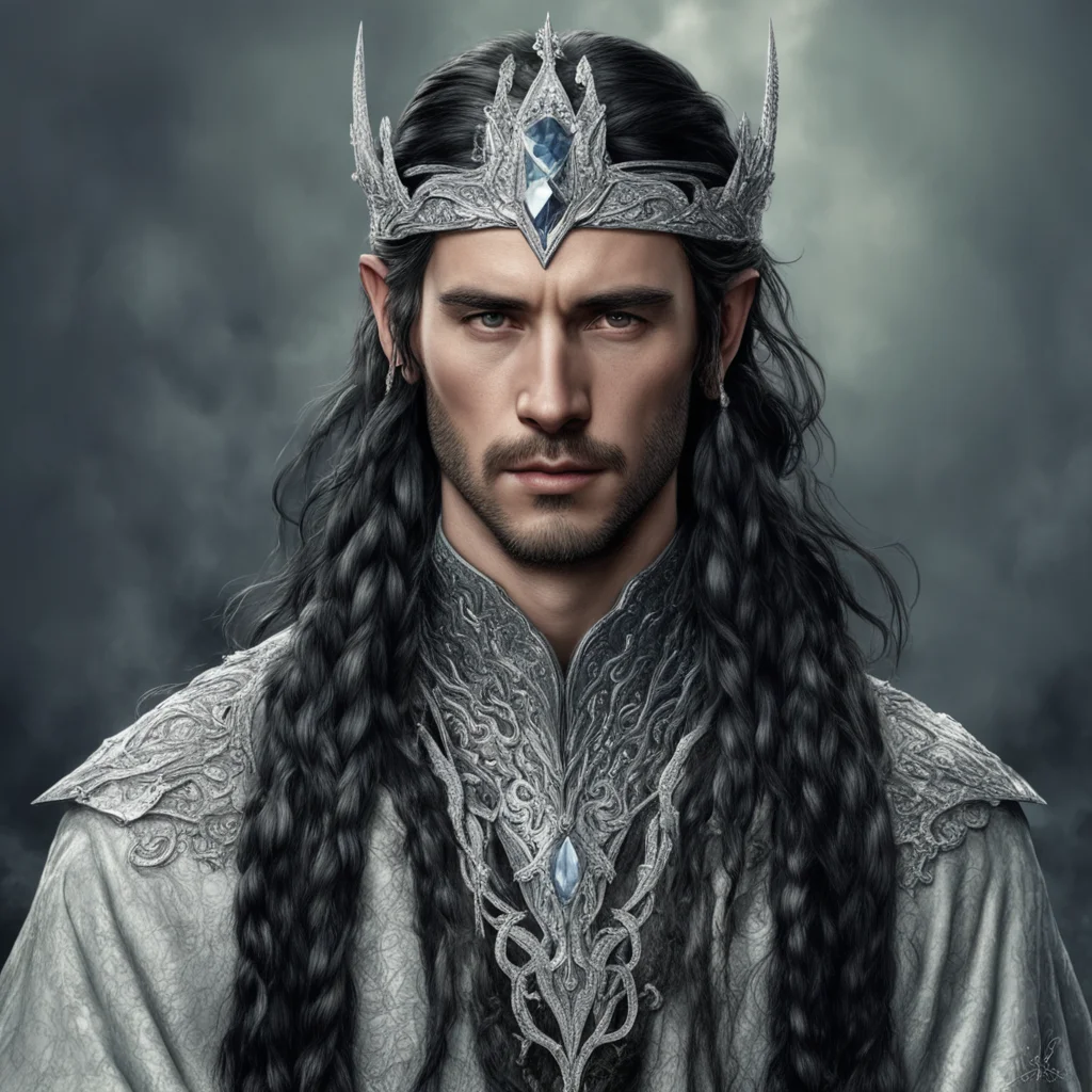 tolkien king turgon with dark hair and braids wearing silver serpentine noldorin elvish circlet encrusted with diamonds with large center diamond good looking trending fantastic 1