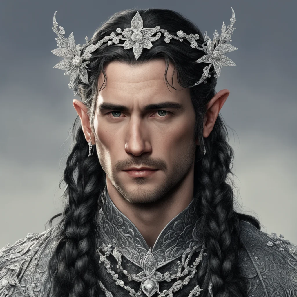 aitolkien king turgon with dark hair and braids wearing small silver flowers encrusted with diamonds to form a small silver elvish circlet with large center diamond  amazing awesome portrait 2