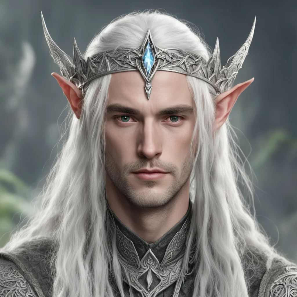 tolkien lord celeborn with silver hair and braids wearing silver elvish circlet with large center diamond 