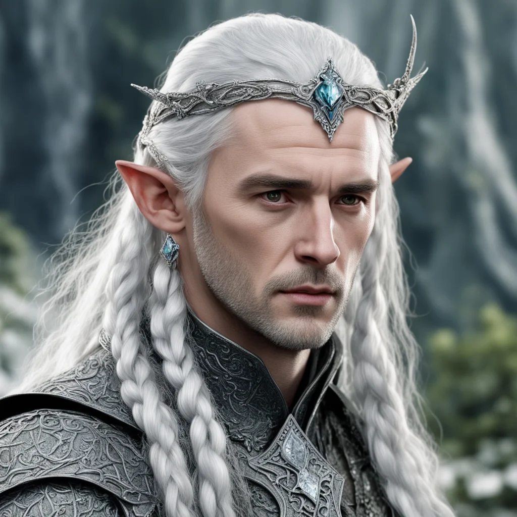 tolkien lord celeborn with silver hair and braids wearing silver serpentine elvish circlet encrusted with diamonds with large center diamond confident engaging wow artstation art 3