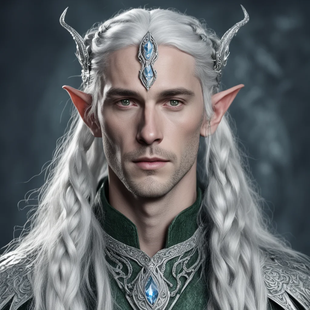 tolkien lord celeborn with silver hair and braids wearing silver serpentine elvish circlet encrusted with diamonds with large center diamond