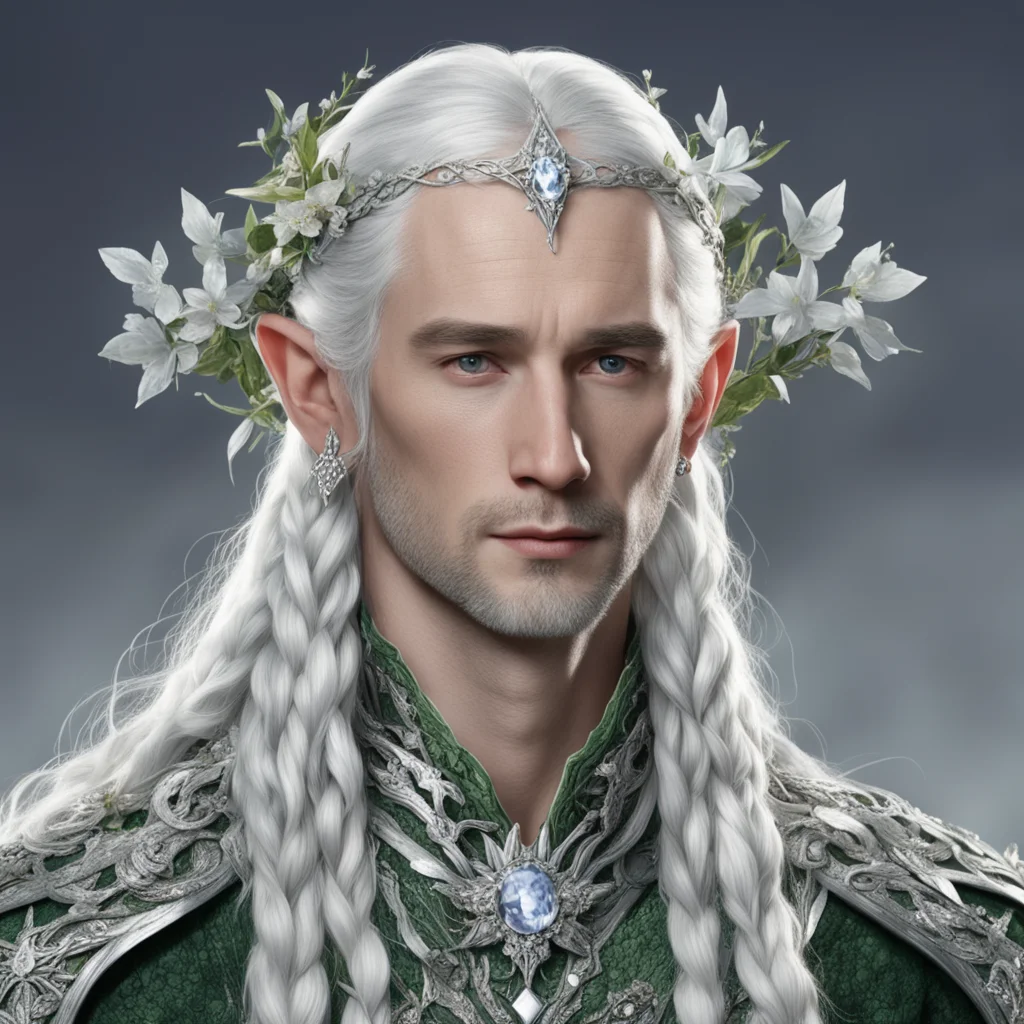 tolkien lord celeborn with silver hair and braids wearing small flowers of silver encrusted with diamonds intertwined together with serpentine silver elvish circlet with large center diamond 