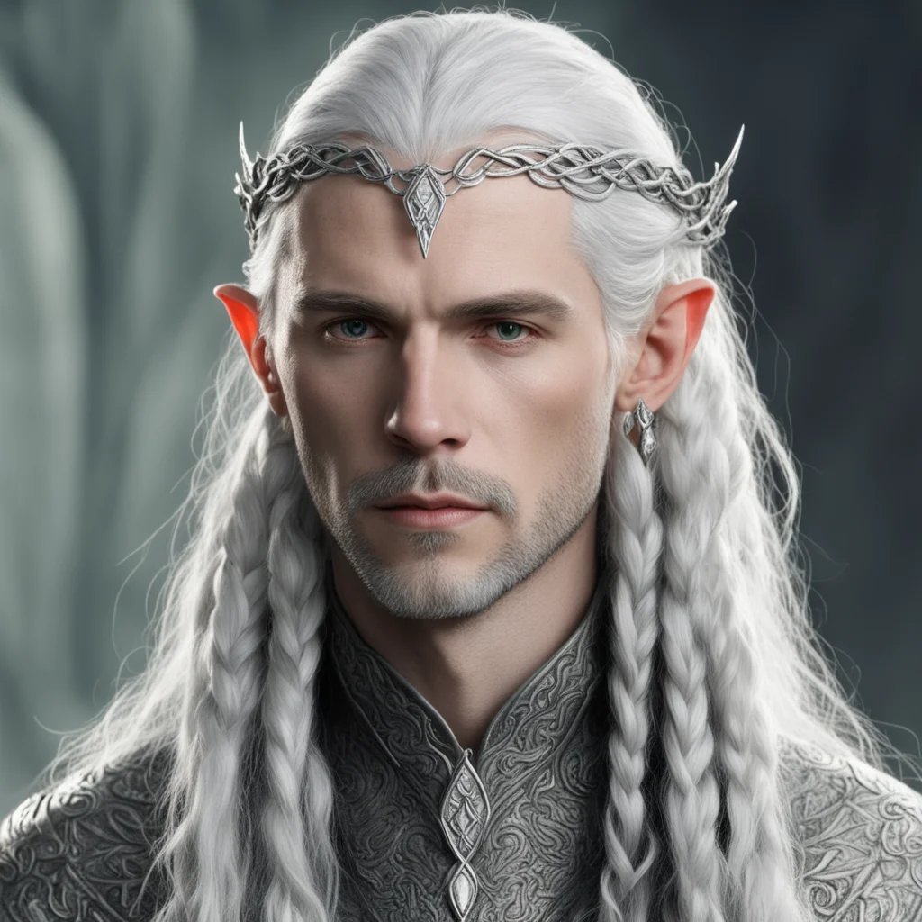tolkien lord celeborn with silver hair and braids wearing small silver serpentine elvish circlet with large center diamond 