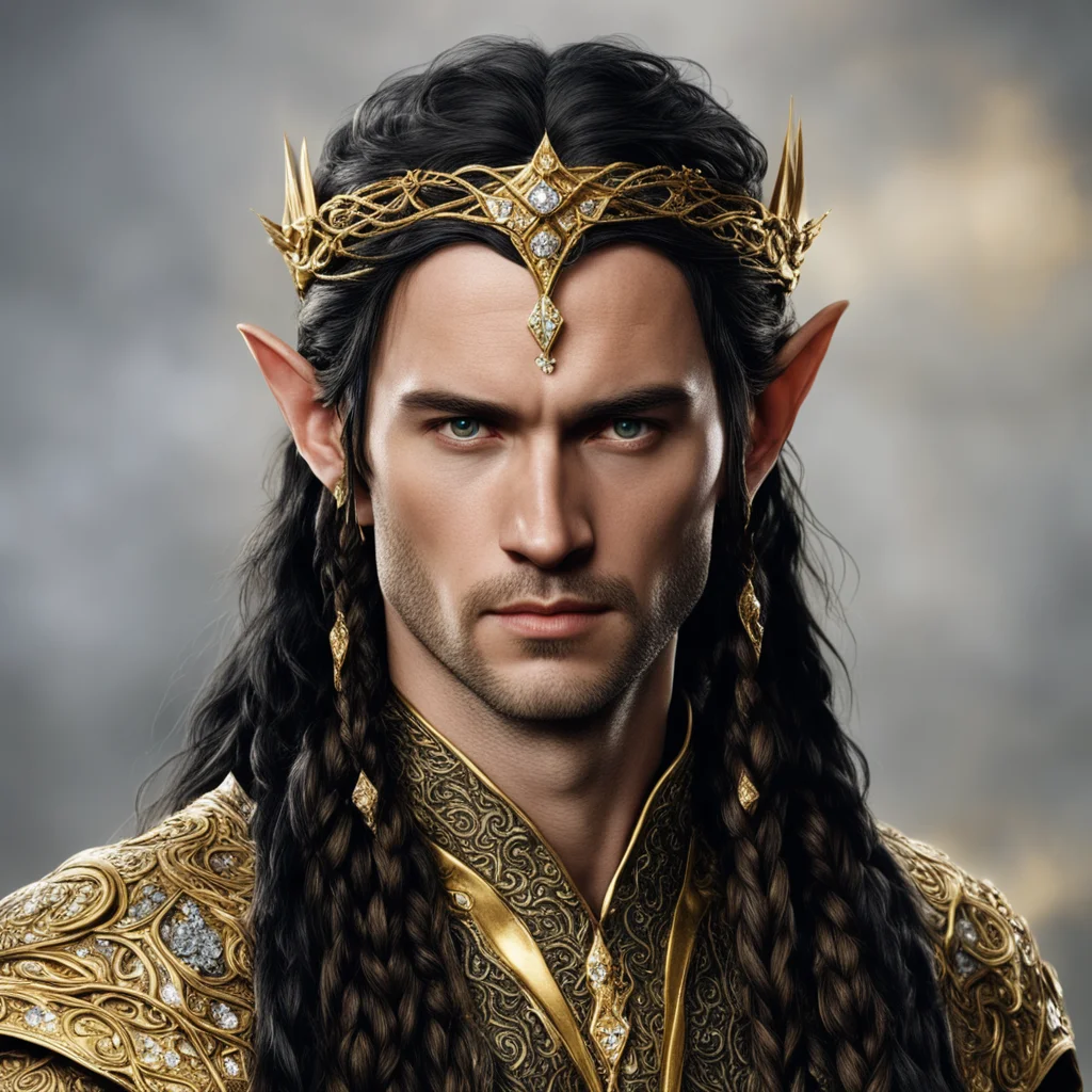 tolkien lord elrond with dark brown hair and braids wearing gold elvish circlet encrusted with diamonds  good looking trending fantastic 1