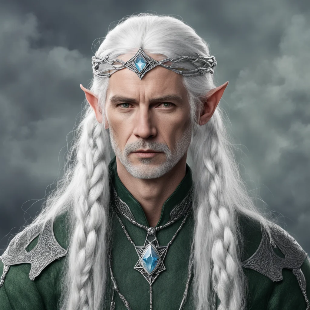tolkien lord galathon with silver hair and braids wearing silver serpentine elvish circlet with large center diamond 