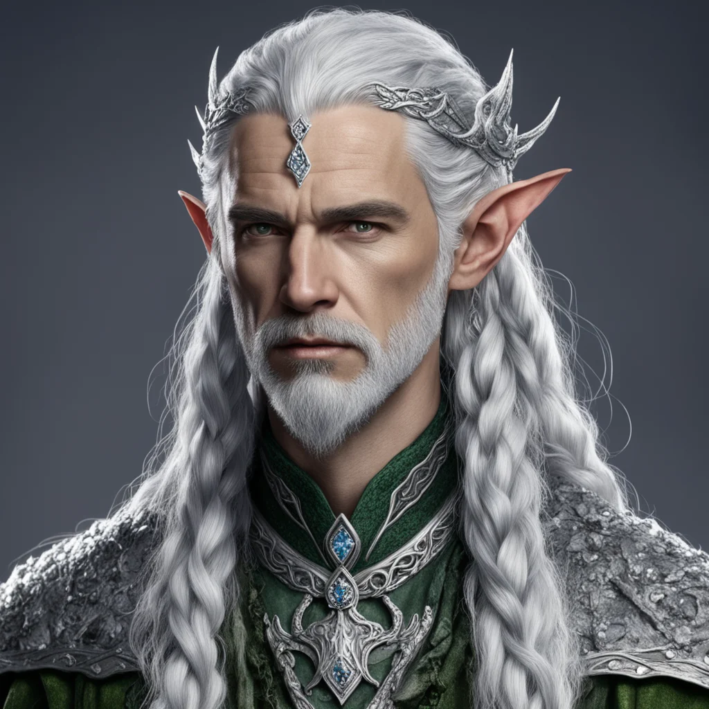 tolkien male sindar elf  lord with gray hair and braids with silver serpentine elvish circlet encrusted with diamonds with large center diamond  good looking trending fantastic 1