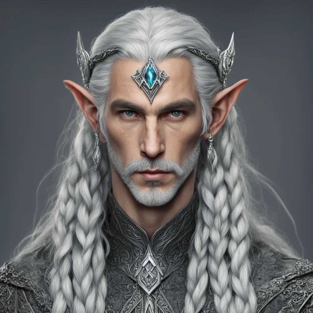 tolkien male sindar elf  lord with gray hair and braids with silver serpentine elvish circlet encrusted with diamonds with large center diamond 