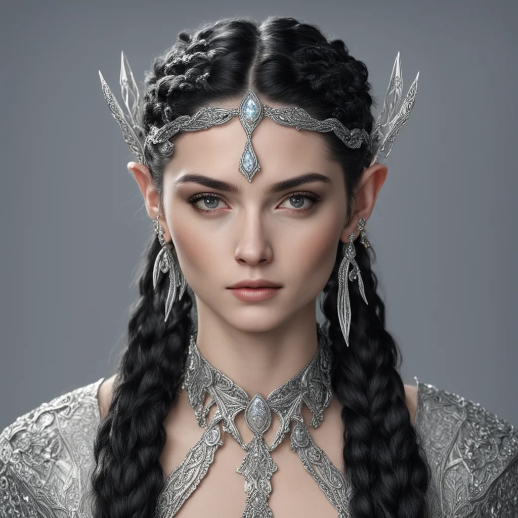 tolkien melian with dark hair and braids wearing silver elvish hair forks encrusted with large diamonds  confident engaging wow artstation art 3