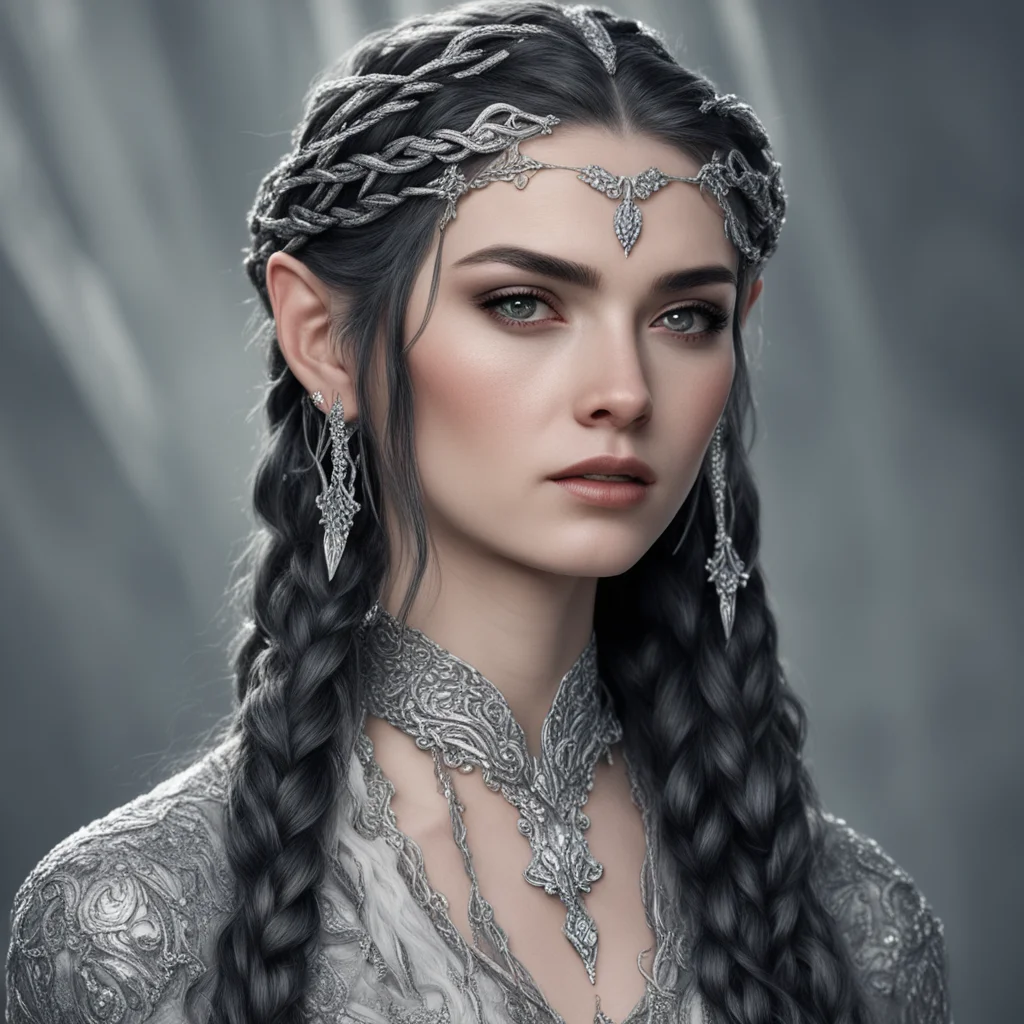 tolkien melian with dark hair and braids wearing silver elvish hair forks encrusted with large diamonds  good looking trending fantastic 1