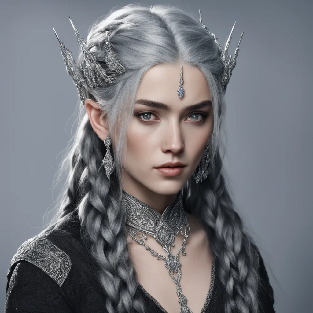 tolkien melian with dark hair and braids wearing silver elvish hair forks encrusted with large diamonds 