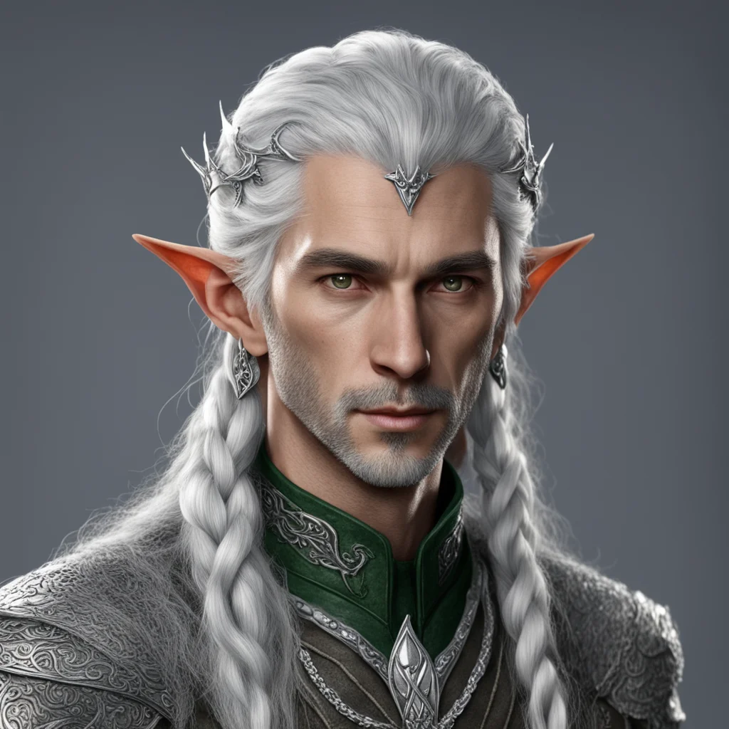 tolkien nandorian elf male with gray hair and braids wearing silver elvish circlet with small diamonds good looking trending fantastic 1