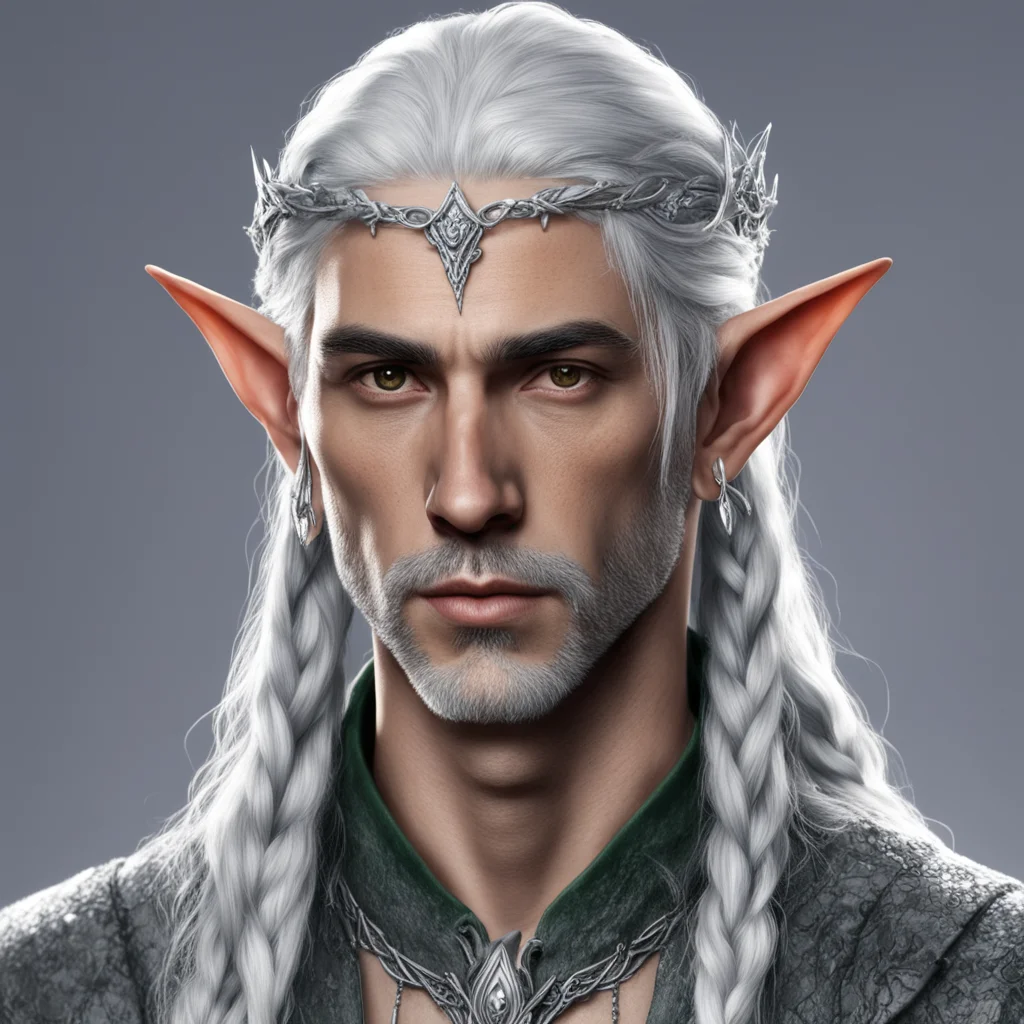 tolkien nandorian elf male with gray hair and braids wearing silver elvish circlet with small diamonds