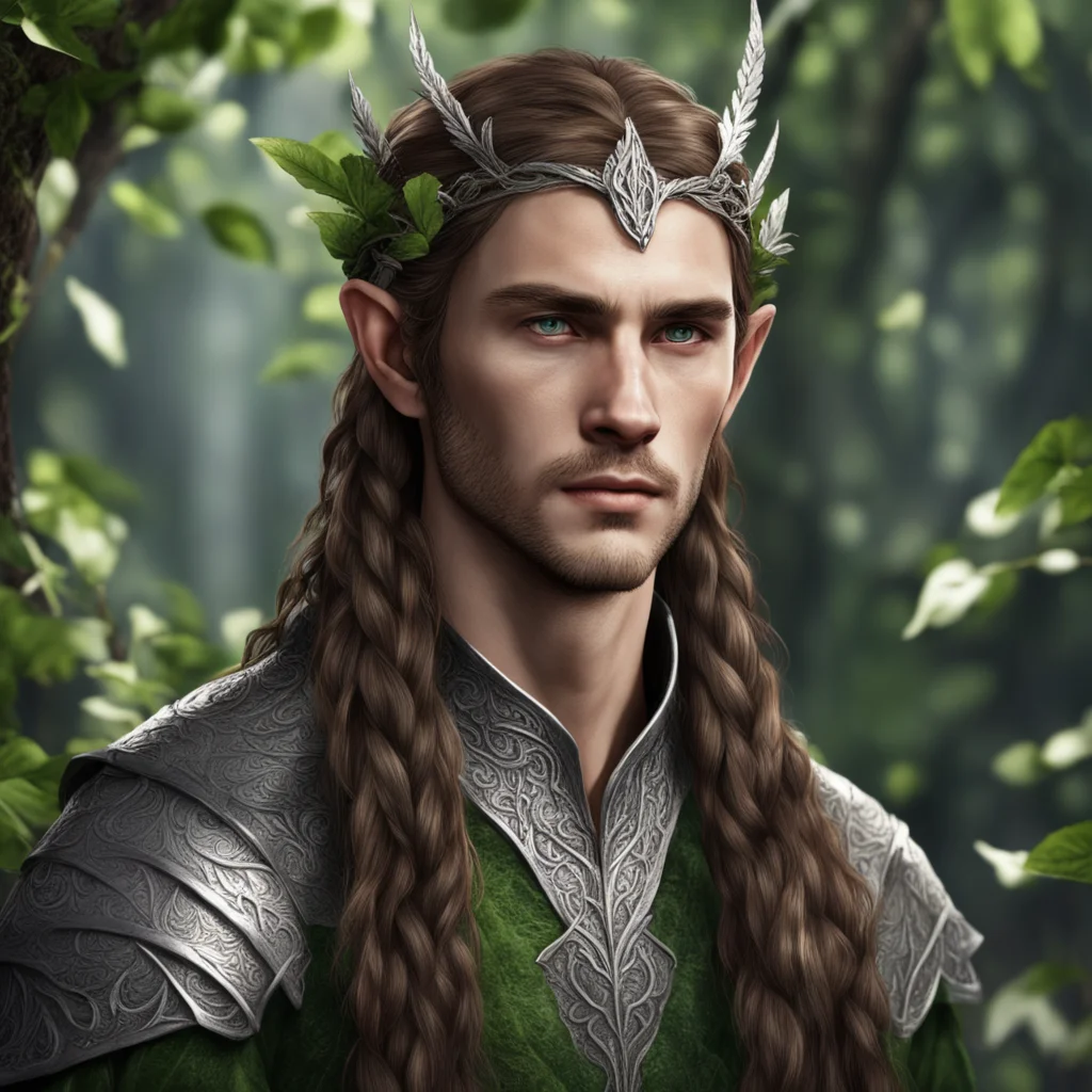tolkien nandorin elf male with brown hair and braids wearing a silver elvish circlet made of silver leaves confident engaging wow artstation art 3
