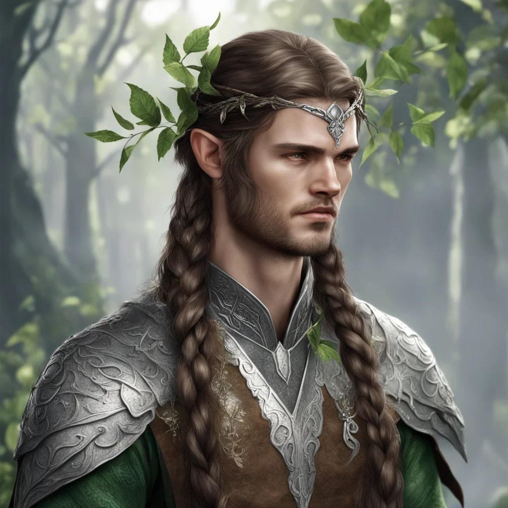 tolkien nandorin elf male with brown hair and braids wearing a silver elvish circlet made of silver leaves good looking trending fantastic 1