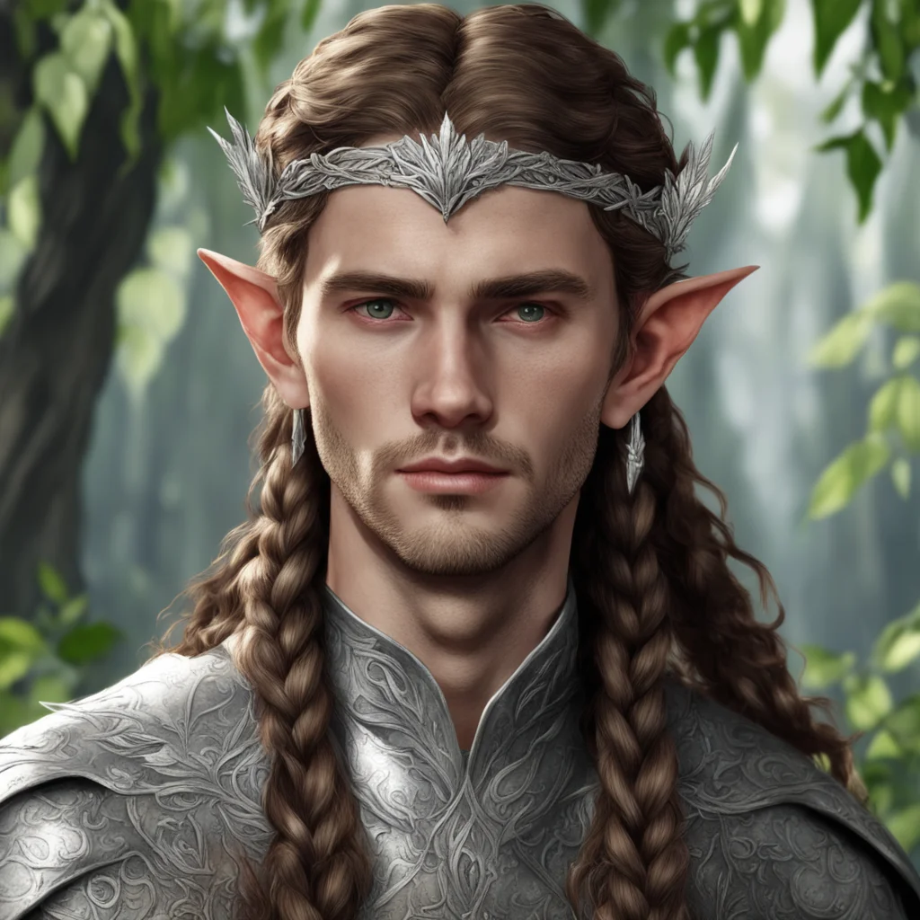 tolkien nandorin elf male with brown hair and braids wearing a silver elvish circlet made of silver leaves