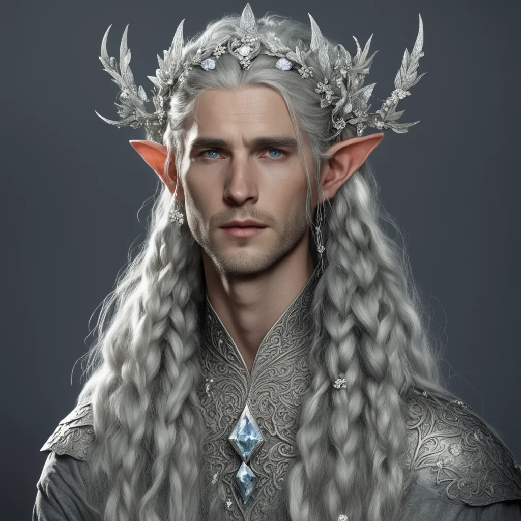 tolkien nandorin noble male elves with braids wearing silver flowers encrusted diamonds to form a silver elvish circlet with center diamond good looking trending fantastic 1