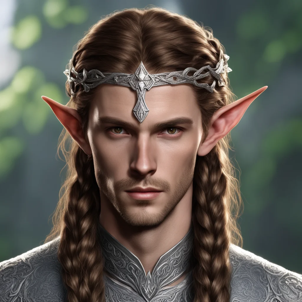 tolkien noble nandorin elf male with brown hair and braids wearing silver elvish circlet with diamonds good looking trending fantastic 1