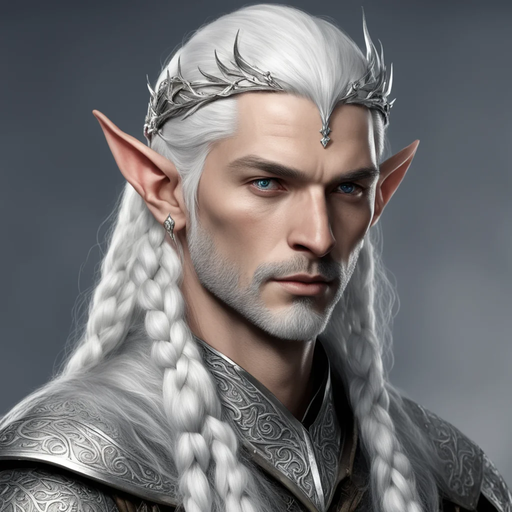 tolkien noble nandorin elf male with white hair and braids wearing silver elvish circlet with diamonds 