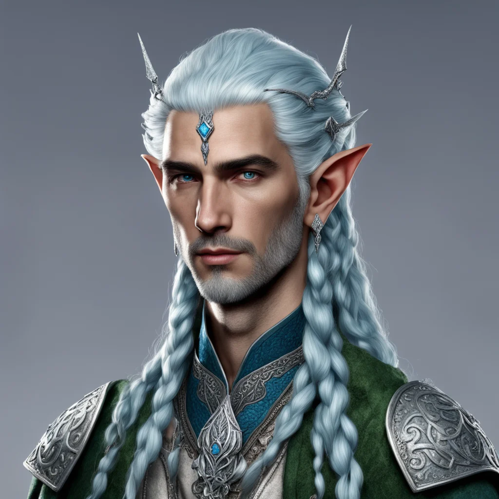 tolkien noble nandorin male elf with bluish silver hair with braids wearing silver serpentine elvish circlet with diamonds and center diamond good looking trending fantastic 1