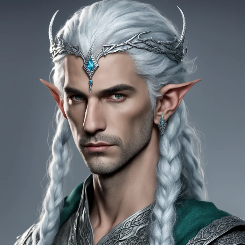 tolkien noble nandorin male elf with bluish silver hair with braids wearing silver serpentine elvish circlet with diamonds with center diamond confident engaging wow artstation art 3