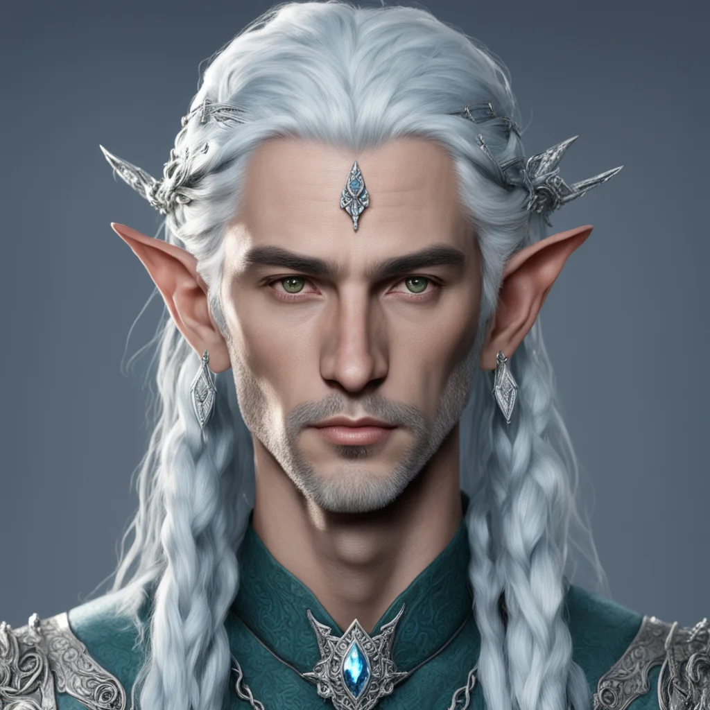 tolkien noble nandorin male elf with bluish silver hair with braids wearing silver serpentine elvish circlet with diamonds with center diamond good looking trending fantastic 1