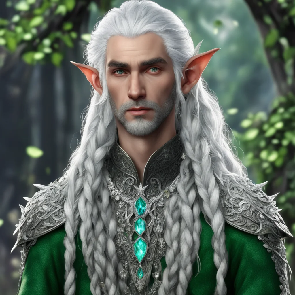 aitolkien noble nandorin male elf with greenish silver hair and braids wearing silver leaves and silver flowers encrusted with diamonds with large center diamond amazing awesome portrait 2
