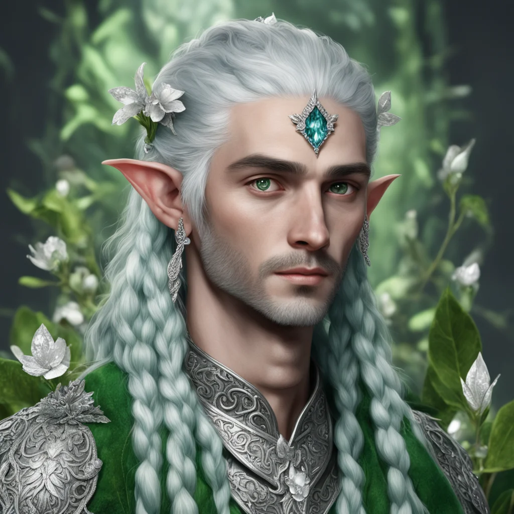 aitolkien noble nandorin male elf with greenish silver hair and braids wearing silver leaves and silver flowers encrusted with diamonds with large center diamond