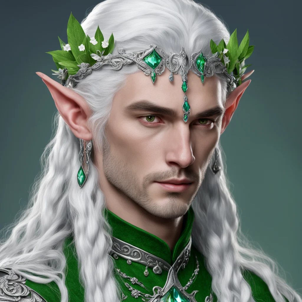 tolkien noble nandorin male elf with silver hair and braids wearing silver flowers encrusted with diamonds to form a silver elvish circlet with large green center diamond