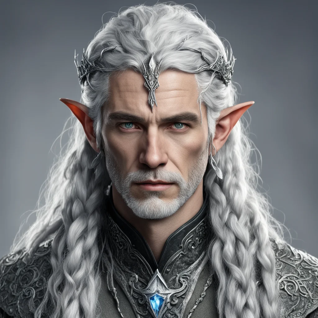 tolkien noble sindar male elf with gray hair and braids with silver serpentine elvish circlet encrusted with diamonds with large center diamond 
