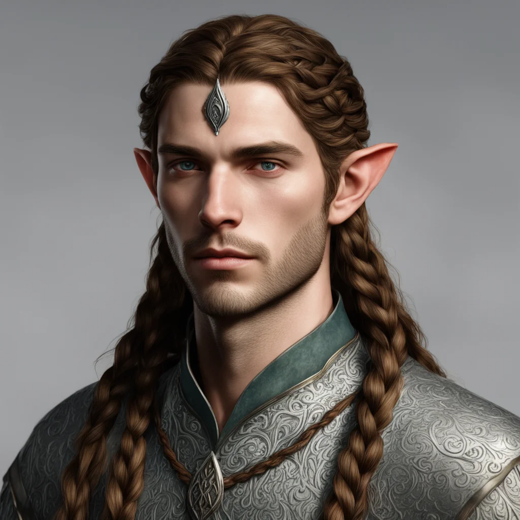 tolkien noble sindarin elf male with brown hair and braids wearing silver sindarin elvish circlet confident engaging wow artstation art 3