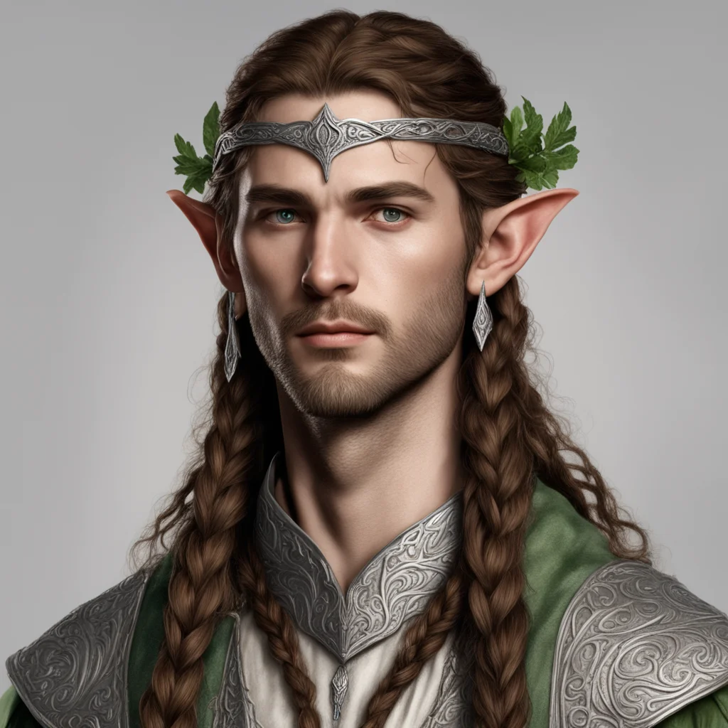 tolkien noble sindarin elf male with brown hair and braids wearing silver sindarin elvish circlet