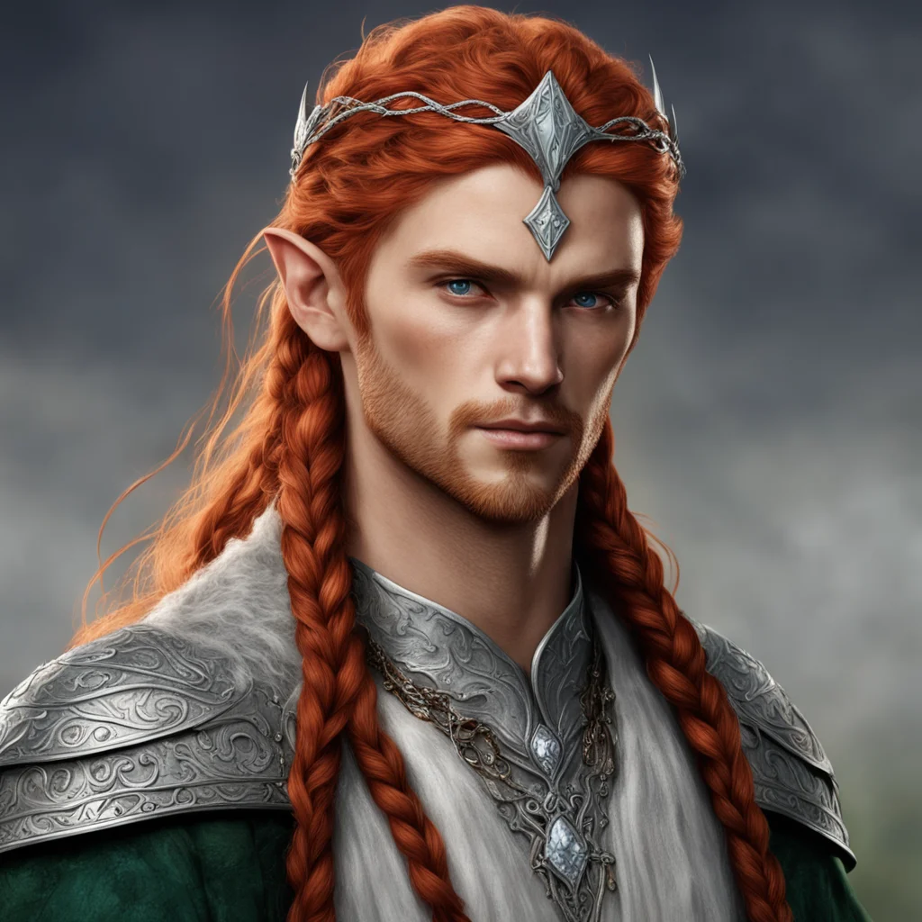 tolkien noble sindarin elf male with reddish hair and braids wearing silver sindarin elvish circlet with diamonds confident engaging wow artstation art 3