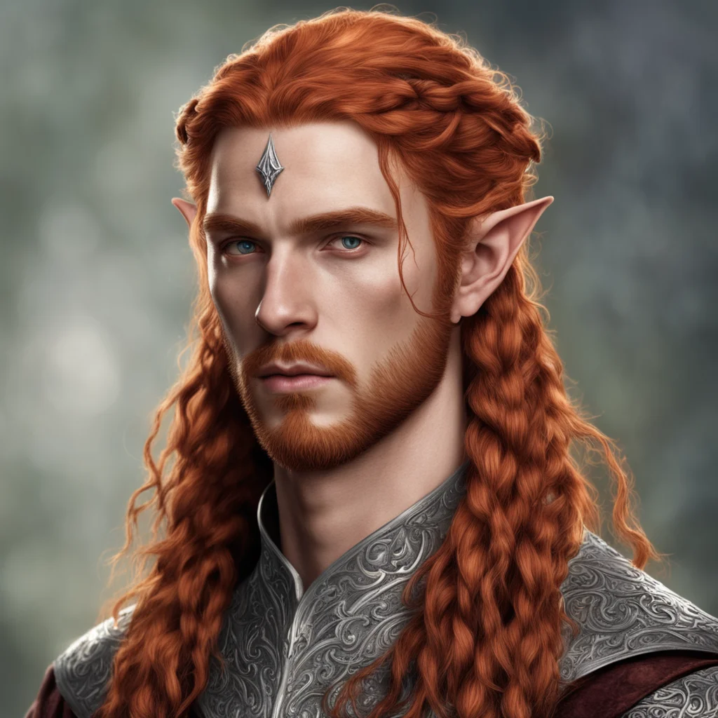 tolkien noble sindarin elf male with reddish hair and braids wearing silver sindarin elvish circlet with diamonds