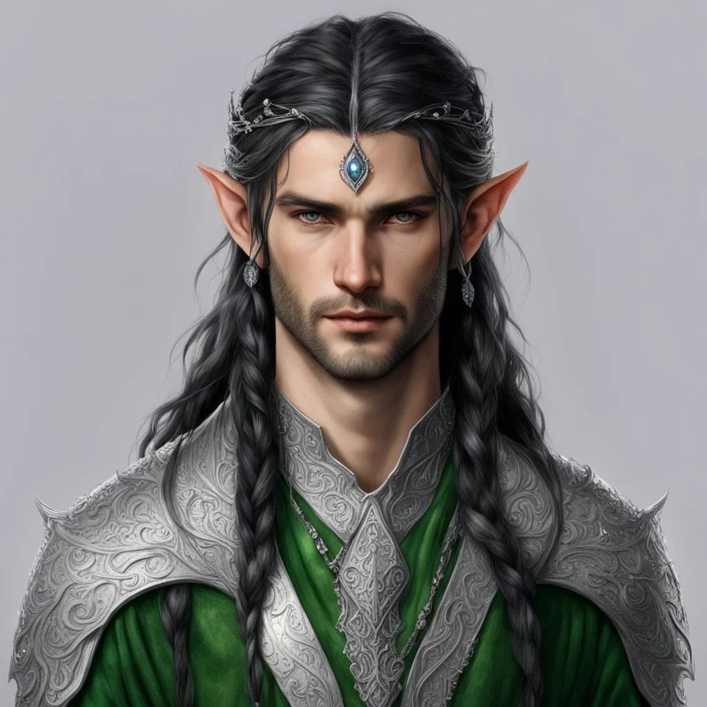 tolkien noble sindarin male elf with dark hair and braids wearing silver elvish circlet with diamonds with large center diamond  confident engaging wow artstation art 3