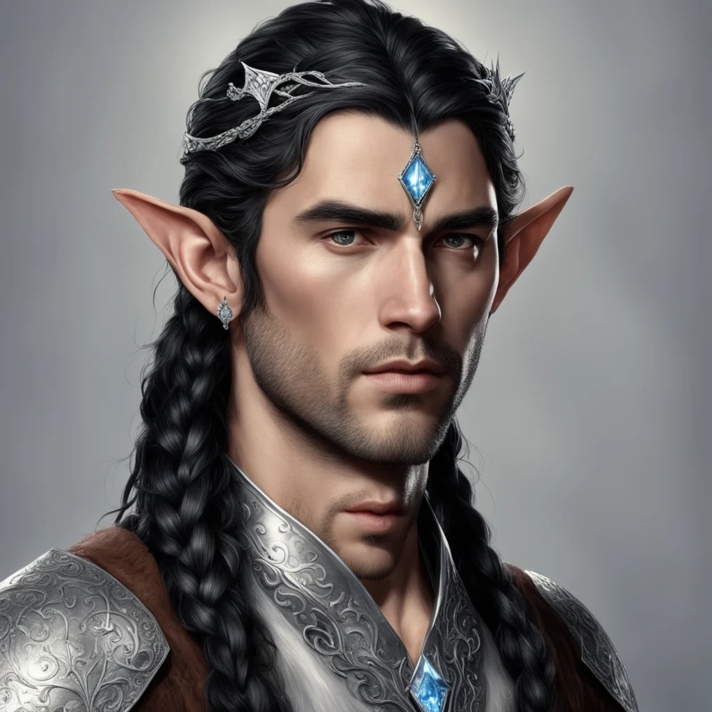 tolkien noble sindarin male elf with dark hair and braids wearing silver elvish circlet with diamonds with large center diamond  good looking trending fantastic 1